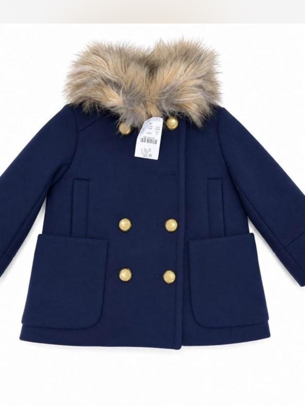NWT Crew Cuts Navy blue peacoat with fur collar Girl 2T